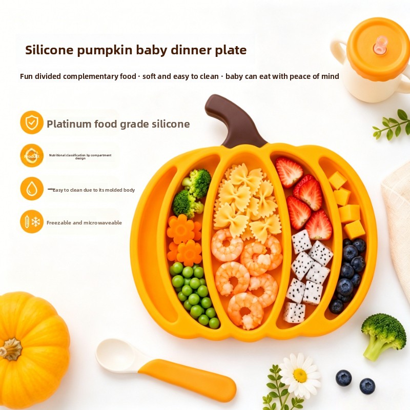 Baby Food Vegetables - Kürbisförmiger Silikon-Babyteller mit Unterteilungen, Bruchsicherer Kleinkind-Selbstfütterungsteller,
